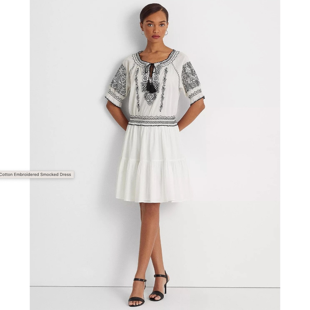RALPH LAUREN Embroidered Smocked Dress Like New